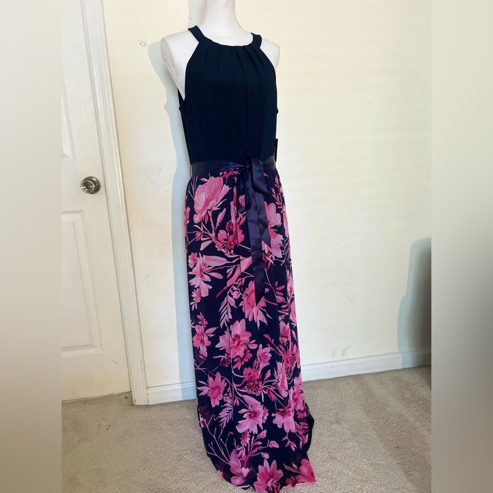 NEW SLNY Size 14 Maxi Halter Dress Pink Navy Floral Summer